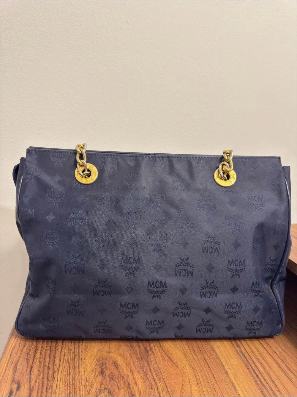Authentic Vintage MCM Navy Blue Nylon Visetos Chain Tote Bag Description: